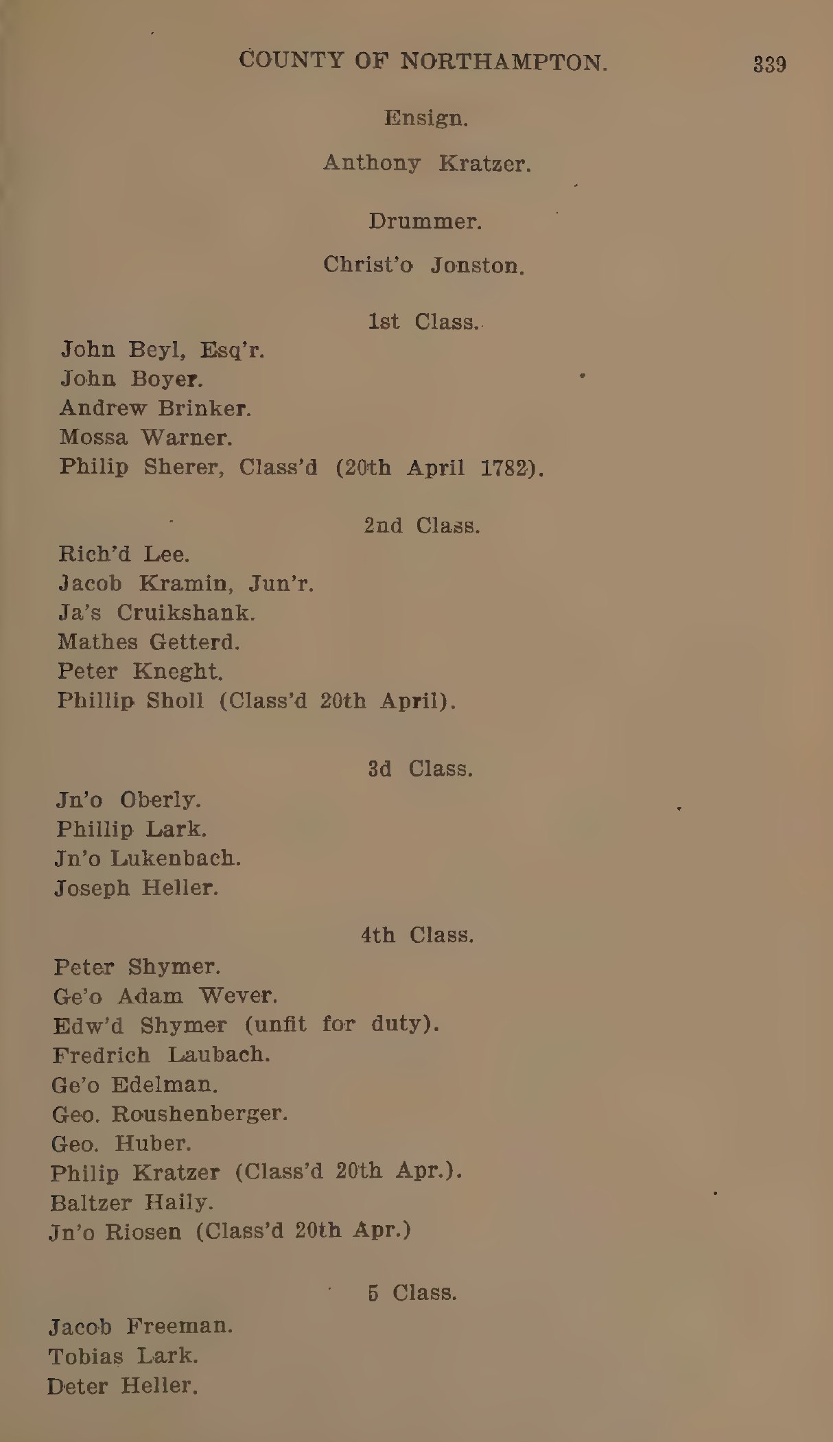 Printed roll of the 4th Company, 4th Battalion, Northampton County Militia, listing Anthony Kratzer as Ensign and Philip Kratzer in the 4th Class