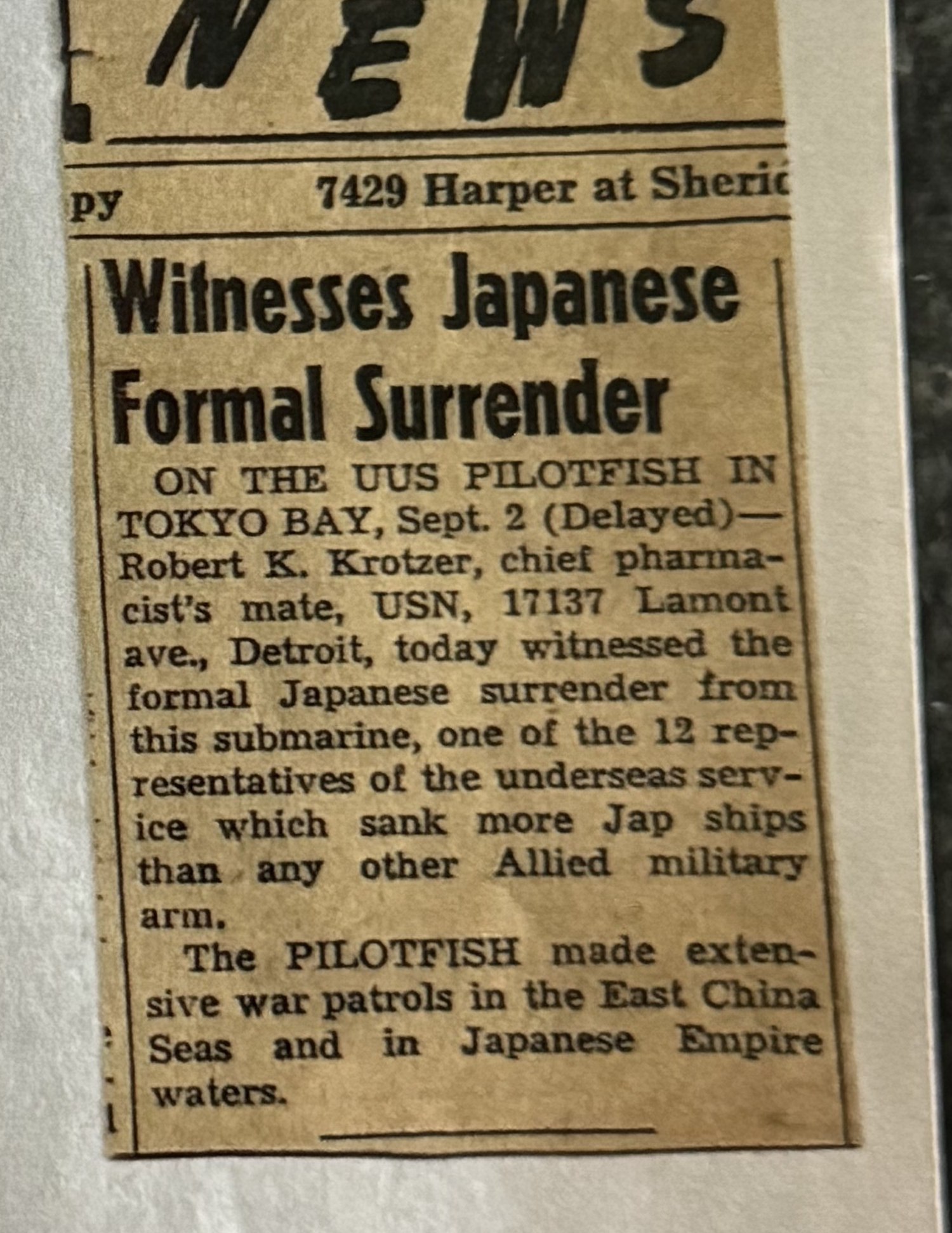 Detroit newspaper clipping, Witnesses Japanese Formal Surrender, naming Robert K. Krotzer