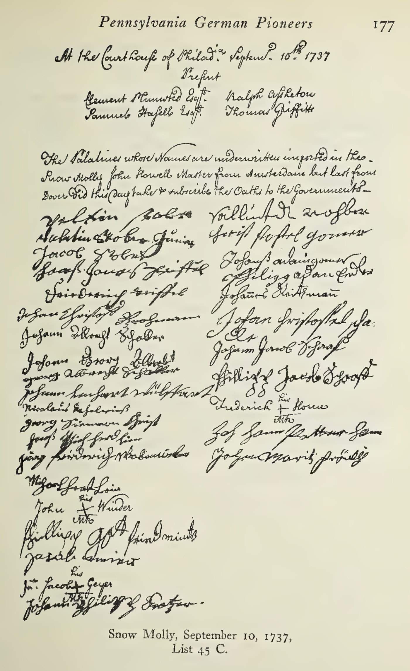 Facsimile of the oath of allegiance signed by the Snow Molly's passengers at Philadelphia, 10 September 1737, with Johann Philipp Kratzer's signature last in the left column